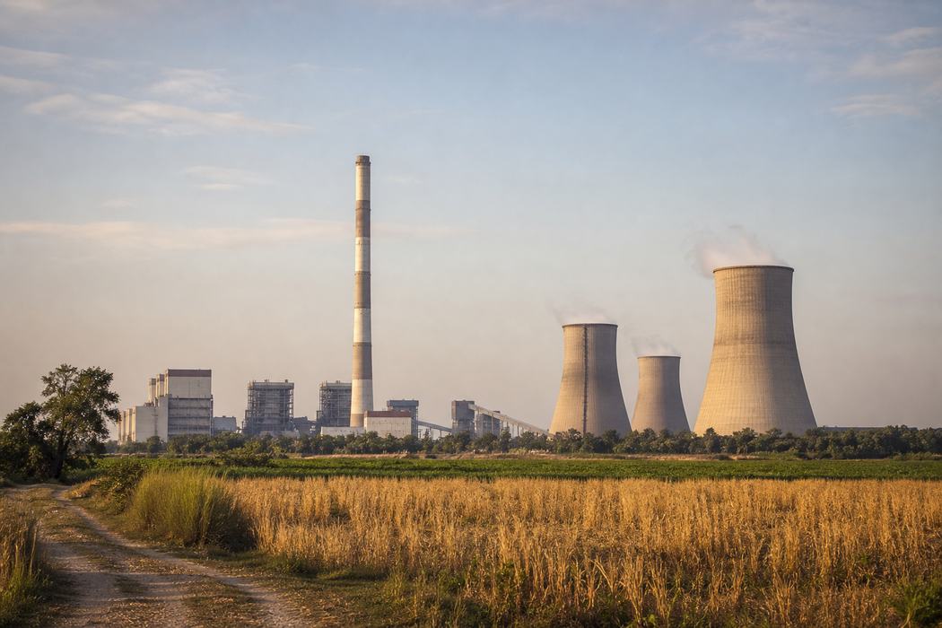 A coal-fired thermal power station seen across open farmland, with cooling towers and a chimney stack.